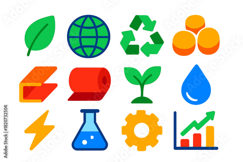 Renewable Material Icons. Flat vector icons of Renewable Material Concepts: Leaf, Globe, Recycling Symbol, Bioplastic Pellet,