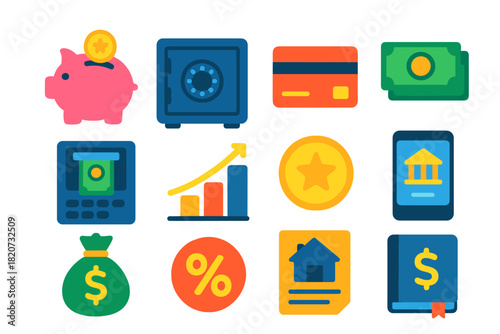 Modern Finance Icons. Flat vector icons of banking and finance: piggy bank, safe vault, credit card, banknote stack, ATM machine,