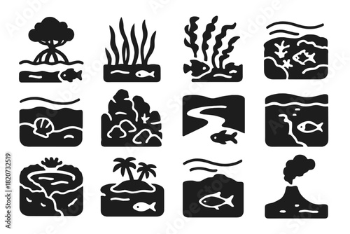 Ocean Habitat Icons. Solid style icons of ocean habitats: mangrove, seagrass bed, kelp forest, tide pool, sandy seabed, rocky reef