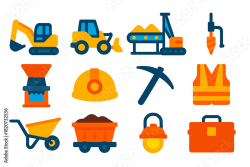 Mining Equipment Icons. Flat vector icons of Mining Equipment: Excavator, Loader, Conveyor Belt, Drill Rig, Crusher, Helmet,