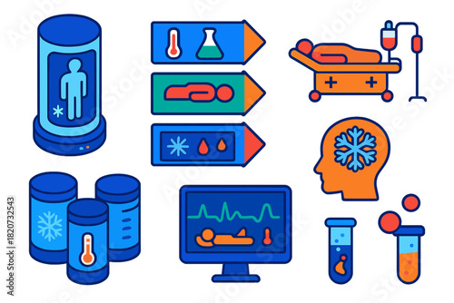Cryonics Iconography. Isometric vector illustration set Cryonics protocol: cooling apparatus, vitrification workflow, patient