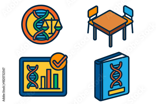 Bioethics Classroom Tools. Isometric vector illustration set Bioethics Classroom Tools: DNA ethics wheel, classroom debate desk,
