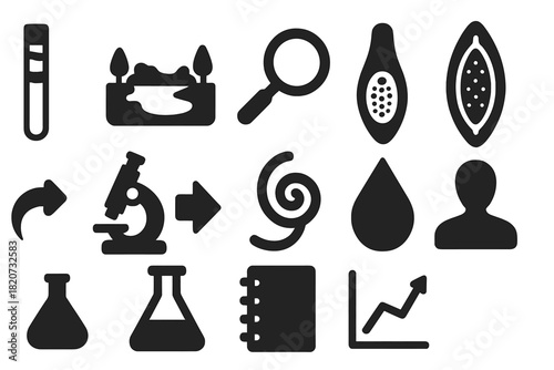 Paleolimnology Icon Set. Solid style icons of paleolimnology and lake studies: sediment core, lake, magnifying glass, fossil