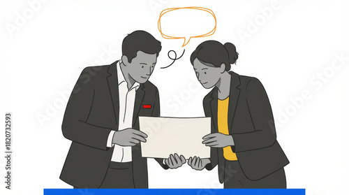 Two colleagues wearing suits look at a blank piece of paper one with a speech bubble above their head indicating discussion or a shared idea Meeting Collaboration