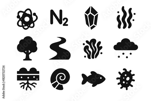 Nutrient Cycle Icons. Solid style icons of carbon, nitrogen, and phosphorus cycles: carbon atom, nitrogen molecule, phosphorus