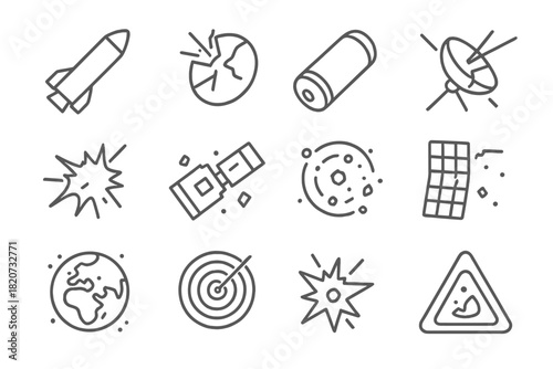 Space Debris Icons. Line style icons of space debris: rocket body, shattered lens, fuel tank, detached antenna; collision fragment