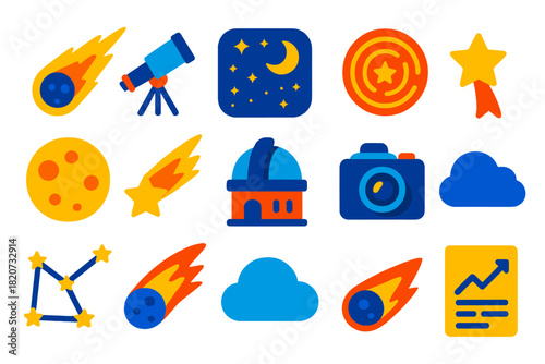 Leonids Icon Set. Flat vector icons of Leonids Meteor Shower: Meteor, Telescope, Night Sky, Star Trail, Moon, Shooting Star,