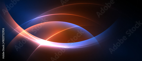 Abstract design features curved lines, vibrant colors. Blue, orange, white blend creating luminous effect. Dark background emphasizes bright shapes.