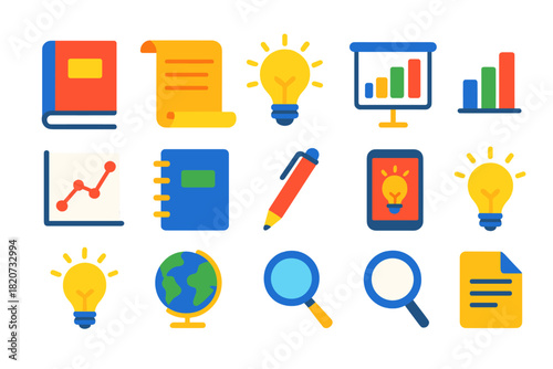 Vibrant Knowledge Icons. Flat vector icons of Knowledge & Research: Book, Scroll, Lightbulb, Chart, Graph, Notebook, Pen, Tablet,