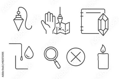 Subtle Energy Tools Icons. Line style icons of Subtle Energy Tools: Pendulum, Energy Detection, Map Dowsing, Unconventional Method