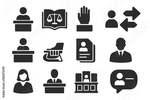 Courtroom Procedure Icons. Solid style icons of courtroom procedures: witness stand, legal book, oath hand, cross-examination