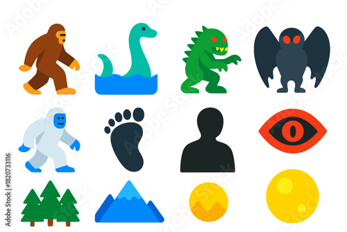Cryptid Icon Collection. Flat vector icons of Cryptids: Bigfoot, Loch Ness Monster, Chupacabra, Mothman, Yeti, Footprint, Shadow,