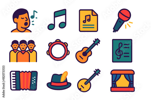Folk Music Icons. Flat vector icons of Folk Songs: Singing Person, Music Note, Lyric Sheet, Microphone, Group of Singers, Guitar,
