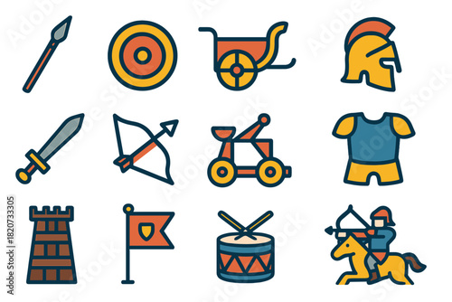 Ancient Warfare Icons. Flat vector icons of Ancient Warfare: Spear, Shield, Chariot, Helmet, Sword, Bow, Catapult, Armor, Siege