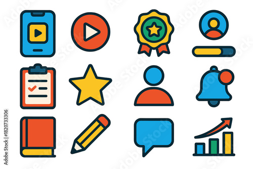 Colorful Learning Icons. Flat vector icons of learning apps: mobile app, play button, progress bar, badge, quiz icon, star reward,