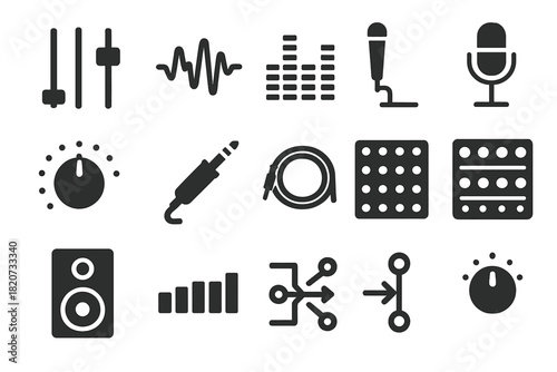Audio Engineering Icons. Solid style icons of Audio Engineering: Mixer Fader, Sound Wave, Equalizer, Microphone Stand, Control