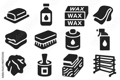 Wood Finishing Icons. Solid style icons of finishing wood: sanding block, linseed oil bottle, beeswax bar, burnishing cloth,