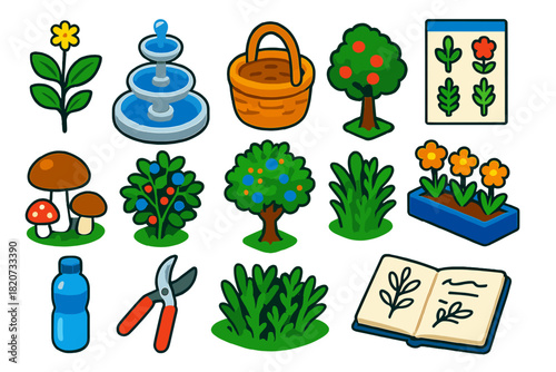 Urban Foraging Essentials. Isometric vector illustration set Urban Foraging: wild edible plant, city park fountain, hand basket,