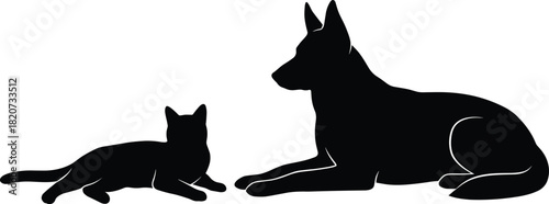 Cat dog silhouette, peaceful pet vector, animal companion design, black outline artwork, domestic harmony graphic, relaxing pose, minimalist illustration