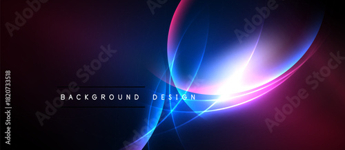 Abstract design features vibrant curves, glowing lines. Dark background enhances bright colors, creating dynamic visual effect.