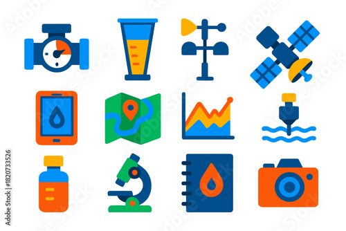 Hydrological Tool Icons. Flat vector icons of Hydrological Tools: Flow Meter, Rain Gauge, Weather Station, Satellite, Data Tablet,
