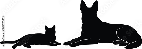 Cat dog silhouette, peaceful animal vector, pet harmony design, black outline artwork, domestic companion graphic, relaxing pose, minimalist illustration