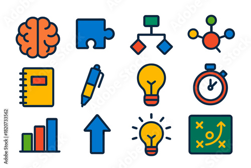 Cognitive Strategy Icons. Flat vector icons of Cognitive Strategies: Brain, Puzzle Piece, Flow Chart, Mind Map, Notebook, Pen,