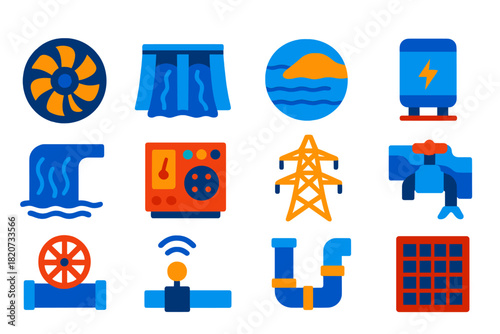 Hydropower Icon Vector Set. Flat vector icons of Hydropower Systems: Turbine, Dam, Reservoir, Generator, Water Flow, Control Panel