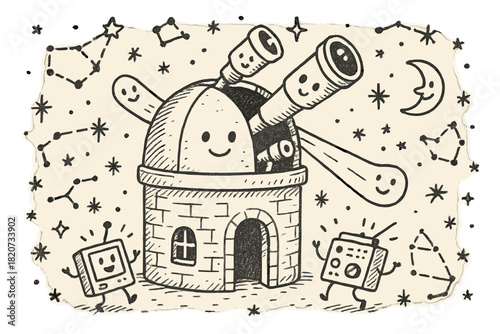 Whimsical Observatory Scene. Fantasy doodle observatory with a dome smiling, telescopes peeking out, light beams entering with