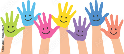 Colorful handprint faces, raised hands vector, diversity unity design, cheerful community artwork, inclusive symbol illustration, happy children concept graphic
