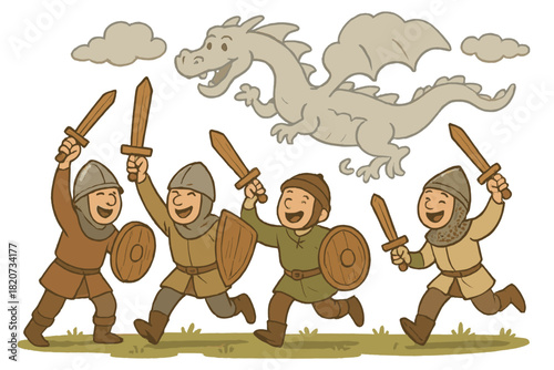 Playful Battlefield Scene. Battlefield turned playful with wooden swords, toy shields, giggling soldiers, and dragons made of