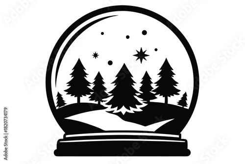 Snow globe silhouette shows pine trees, stars, and a snowy pathway in wintry scenery