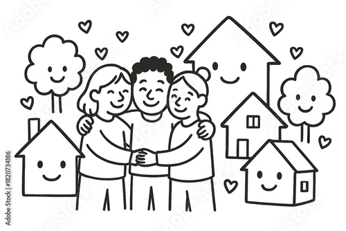 Friendly Neighborhood Hug. Whimsical doodle community support scene with smiling neighbors hugging, cheerful shelters with faces,