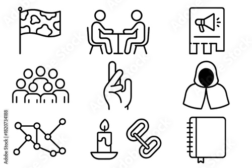 Secret Campaign Icons. Line style icons of Secret Campaign: Camouflaged Flag, Discreet Meeting, Informational Flyer, Oppressed