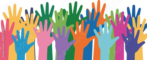 Colorful raised hands, diversity unity symbol, community engagement illustration, inclusive support graphic, volunteering concept design, collective participation artwork vector
