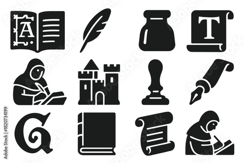 Medieval Writing Icons. Solid style icons of medieval writings: illuminated manuscript, quill pen, ink pot, vellum page, scribe
