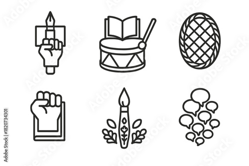 Icons of Expression. Line style icons of Resistance and Expression: protest pen, storytelling drum, woven narrative mat, clenched