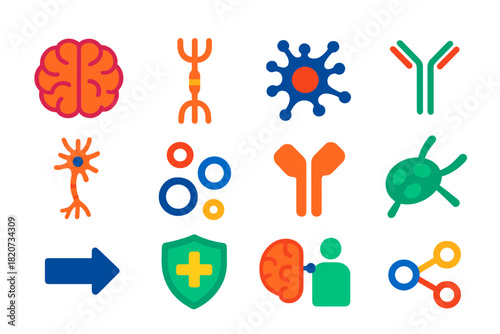 Psychoneuroimmunology Icons. Flat vector icons of psychoneuroimmunology concepts: brain, nerve icon, immune cell, antibody, neuron