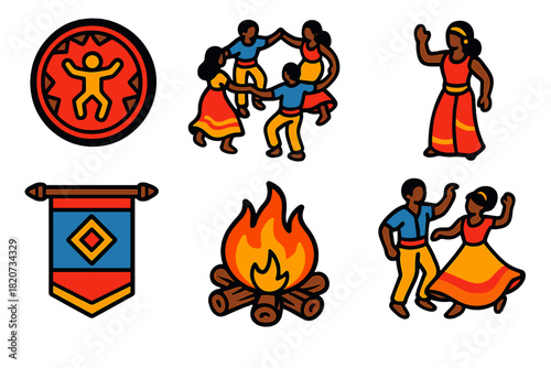 Cultural Dance Icons. Isometric vector illustration set Cultural Significance of Dance: ancestral symbol, community circle,