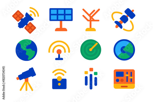 Satellite Technology Icons. Flat vector icons of Satellite Technology: Communication Satellite, Solar Panel, Antenna, Orbit Path,