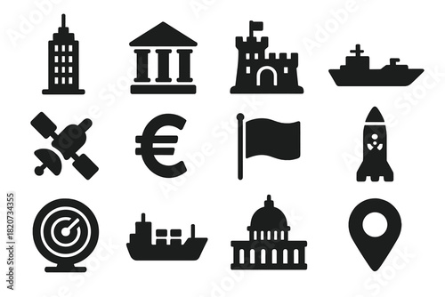 Global Power Icons. Solid style icons of global powers: skyscraper, government building, military base, aircraft carrier,