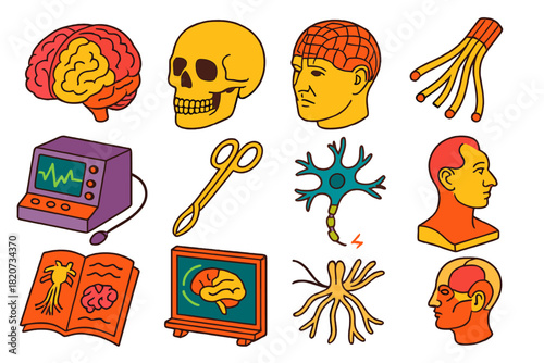 Vintage Neurology Icons. Isometric vector illustration set Vintage Neurology: cross-section brain atlas, hollow skull drawing,
