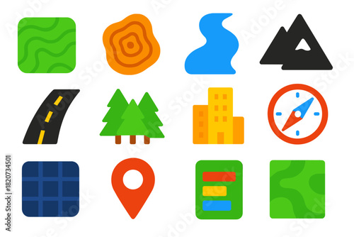 Flat Map Icons. Flat vector icons of Mapping Concepts: Topography, Contour Lines, River, Mountain, Road, Forest, City, Compass,