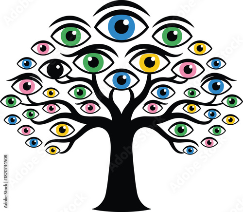 Eye tree silhouette, surreal nature vector, colorful awareness design, perception symbol artwork, artistic graphic, visual theme illustration, knowledge concept icon