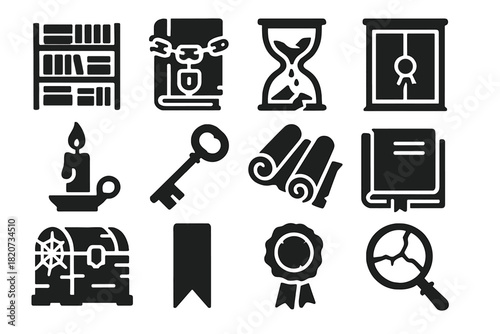 Forgotten Archive Icons. Solid style icons of Forgotten archives: dusty shelves, chained manuscripts, broken hourglass, sealed
