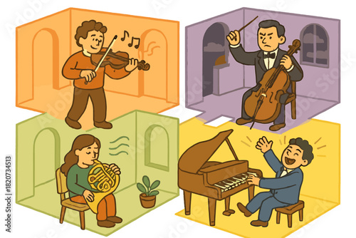 Symphony Rooms Visualization. Structure of a symphony illustrated as four playful rooms, each with instruments performing