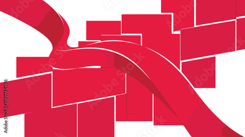 Abstract red ribbon, geometric block design, modern background, dynamic layout, flowing shape, vibrant texture, 3D vector, creative graphic art