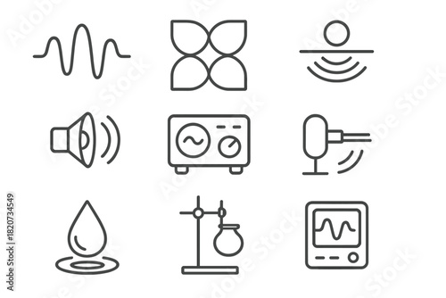 Acoustic Experiment Icons. Line style icons of Acoustic Experiments: Sound Wave, Resonance Pattern, Levitated Droplet,