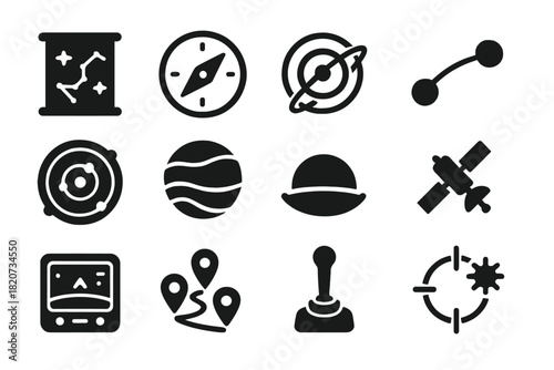 Space Navigation Icons. Solid style icons of Space navigation: star chart, compass, gyroscope, trajectory line, orbital map,