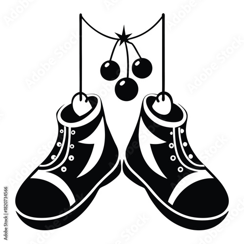 Monochrome shoes hang dangling, with star and round ornaments suspended above them by strings
